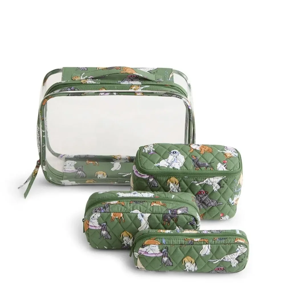 New Vera Bradley DOG PARK 4 Piece Cosmetic Organizer Set Green Quilted